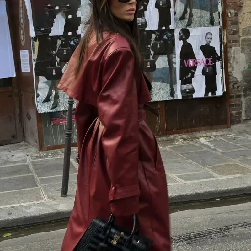 Burgundy Retro Leather Coat