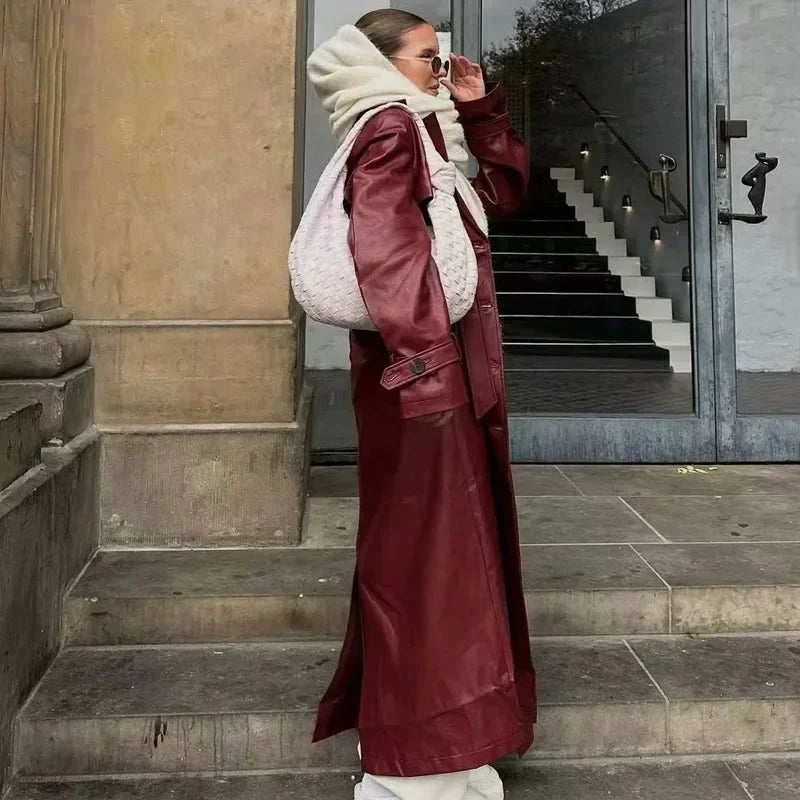 Burgundy Retro Leather Coat
